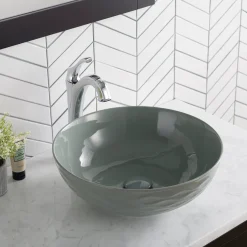 Clearance Viva Round Gray Porcelain Ceramic Vessel Bathroom Sink with Pop-Up Drain Above Counter / Vessel Sinks