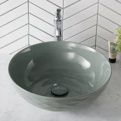 Clearance Viva Round Gray Porcelain Ceramic Vessel Bathroom Sink with Pop-Up Drain Above Counter / Vessel Sinks