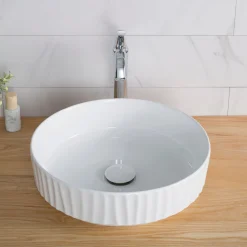 Clearance Viva Round White Porcelain Ceramic Vessel Bathroom Sink with Pop-Up Drain, 15 3/4D x 4 3/4H Above Counter / Vessel Sinks