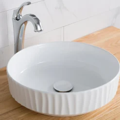 Clearance Viva Round White Porcelain Ceramic Vessel Bathroom Sink with Pop-Up Drain, 15 3/4D x 4 3/4H Above Counter / Vessel Sinks