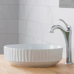 Clearance Viva Round White Porcelain Ceramic Vessel Bathroom Sink with Pop-Up Drain, 15 3/4D x 4 3/4H Above Counter / Vessel Sinks