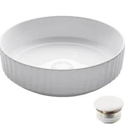 Clearance Viva Round White Porcelain Ceramic Vessel Bathroom Sink with Pop-Up Drain, 15 3/4D x 4 3/4H Above Counter / Vessel Sinks