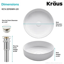 Clearance Viva Round White Porcelain Ceramic Vessel Bathroom Sink with Pop-Up Drain, 15 3/4D x 4 3/4H Above Counter / Vessel Sinks