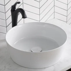 Discount Viva Round White Porcelain Ceramic Vessel Bathroom Sink with Pop-Up Drain, 15 3/4D x 5 3/8H Above Counter / Vessel Sinks