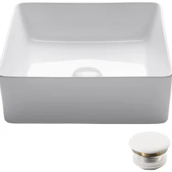 Outlet Viva Square White Porcelain Ceramic Vessel Bathroom Sink with Pop-Up Drain, 15 5/8L x 15 5/8W x 5 1/8H Above Counter / Vessel Sinks