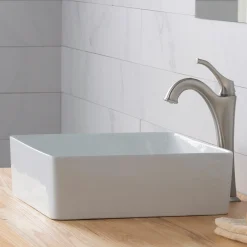 Outlet Viva Square White Porcelain Ceramic Vessel Bathroom Sink with Pop-Up Drain, 15 5/8L x 15 5/8W x 5 1/8H Above Counter / Vessel Sinks