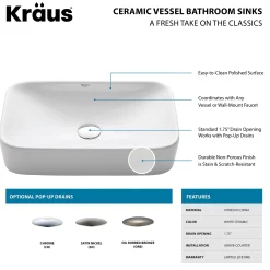 Best White Rectangular Ceramic Bathroom Sink with Pop Up Drain Above Counter / Vessel Sinks