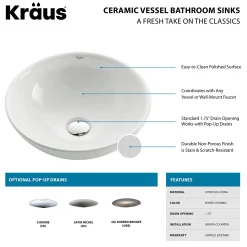 Best White Round Ceramic Bathroom Sink with Pop Up Drain Above Counter / Vessel Sinks