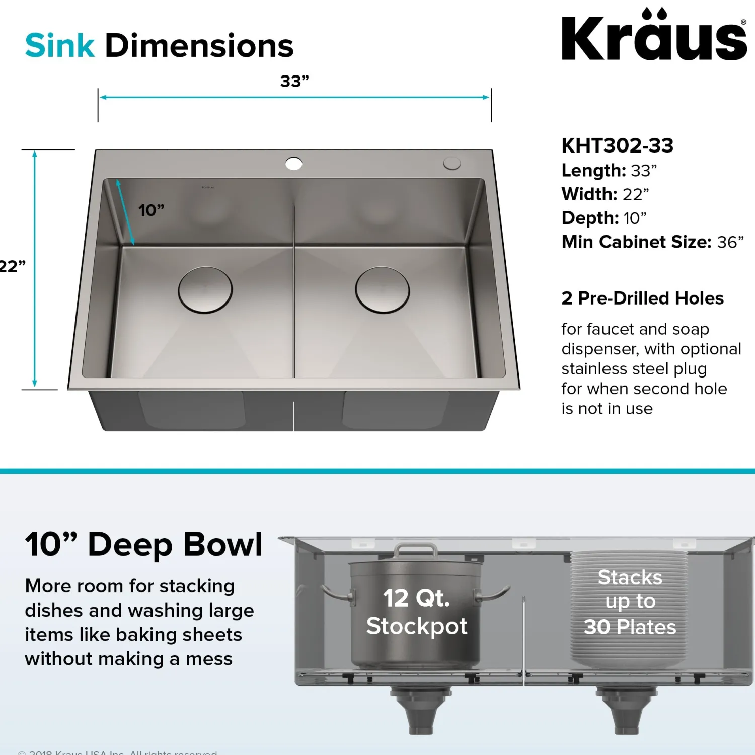 Discount 33 x 22 inch Standart PRO Drop-In 16 Gauge Double Bowl 2-Hole Stainless Steel Kitchen Sink Drop-In / Top Mount Sinks|Stainless Steel Sinks