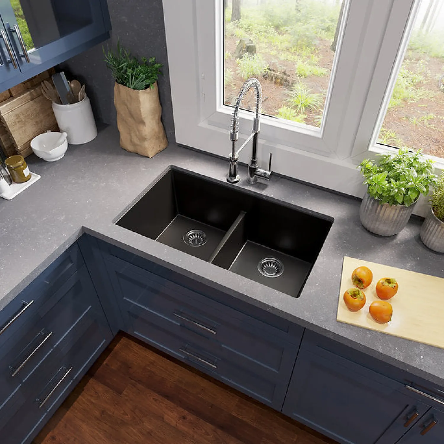 Hot Low Divide 50/50 Matte Black Composite Undermount Sink Double Bowl Sinks|Composite & Quartz Sinks
