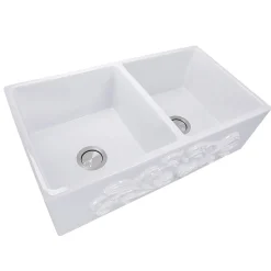 Best Double Bowl Farmhouse Fireclay Sink with Filigree Apron Double Bowl Sinks|Apron Front / Farmhouse Sinks