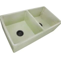 New Double Bowl Farmhouse Fireclay Sink with Shabby Green Finish Double Bowl Sinks|Apron Front / Farmhouse Sinks
