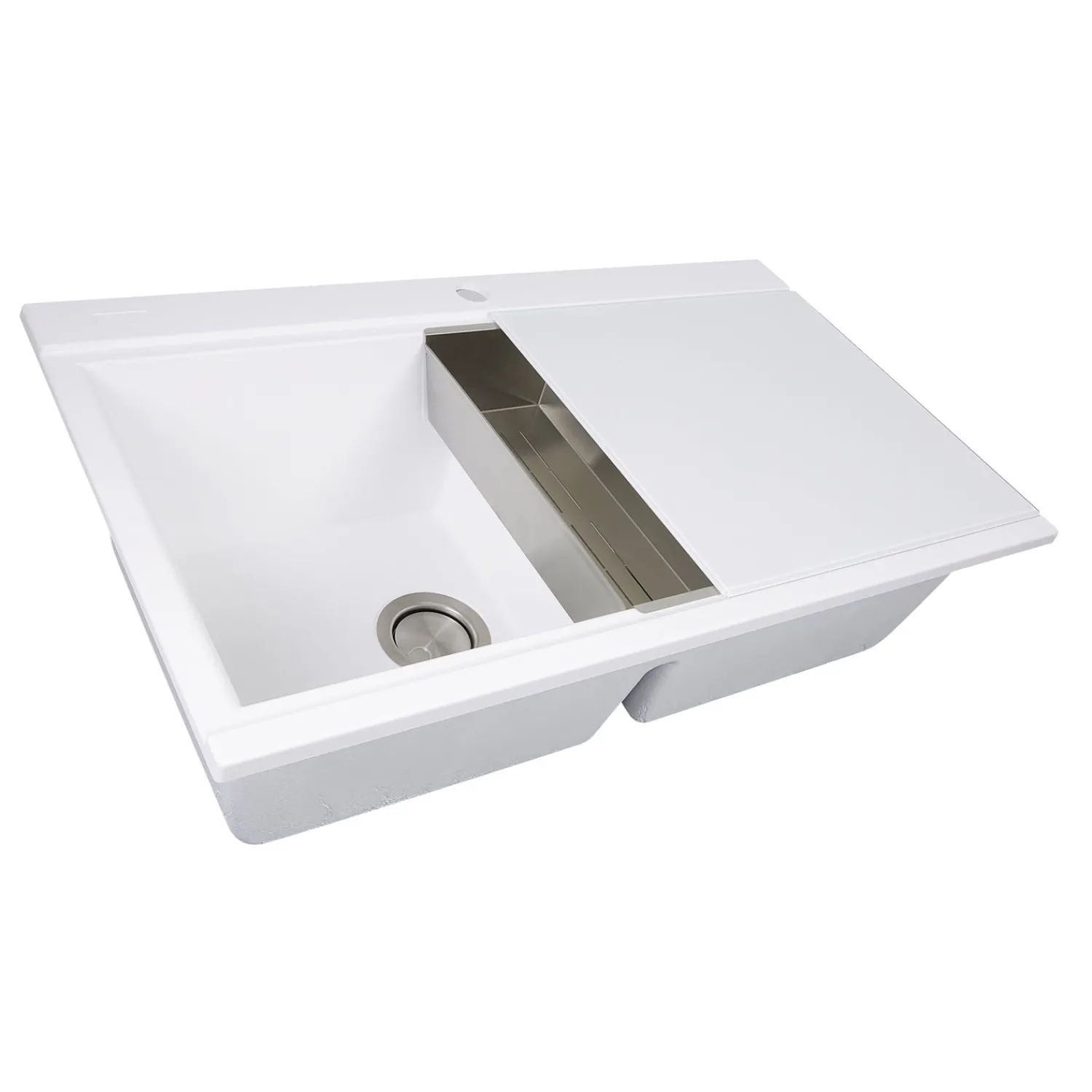 Online Large Double Bowl Prep Station Topmount Granite Composite White Drop-In / Top Mount Sinks|Double Bowl Sinks