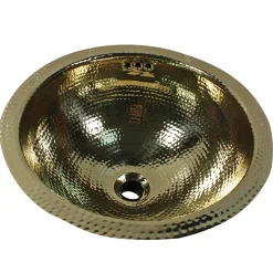Clearance ROB-OF - 13-Inch Hand Hammered Brass Round Undermount Bathroom Sink, Brass with Overflow Undermount