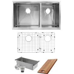 Best SR-PS-3219-OS-16 Offset Double Bowl Workstation Small Radius Undermount Stainless Sink with Accessories Stainless Steel Sinks|Undermount Sinks