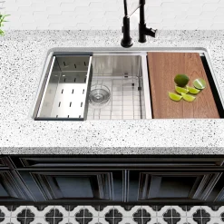 Best SR-PS-3219-OS-16 Offset Double Bowl Workstation Small Radius Undermount Stainless Sink with Accessories Stainless Steel Sinks|Undermount Sinks