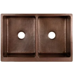 Outlet 33" Antique Hammered Copper Kitchen Apron 50/50 Double Basin Sink Double Bowl Sinks|Apron Front / Farmhouse Sinks