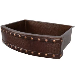 Discount 33" Hammered Copper Kitchen Rounded Apron Single Basin Sink with Barrel Strap Design Single Bowl Sinks|Apron Front / Farmhouse Sinks