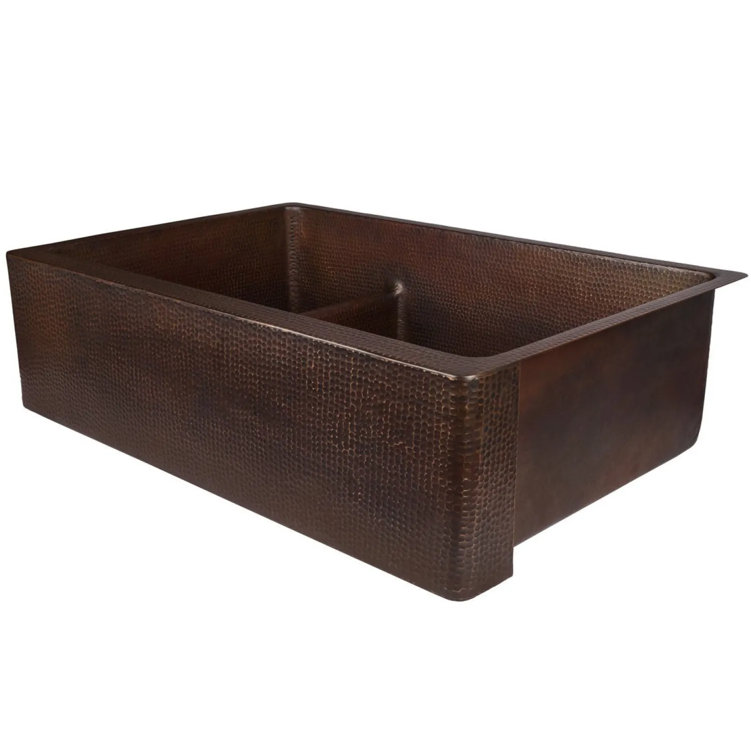 33" Hammered Copper Kitchen Apron Double Basin Sink with Short 5" Divider Double Bowl Sinks|Apron Front / Farmhouse Sinks
