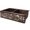 Hot 33" Hammered Copper Kitchen Apron 50/50 Double Basin Sink with Scroll Design and Apron Front Nickel Background Double Bowl Sinks|Apron Front / Farmhouse Sinks