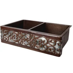 Hot 33" Hammered Copper Kitchen Apron 50/50 Double Basin Sink with Scroll Design and Apron Front Nickel Background Double Bowl Sinks|Apron Front / Farmhouse Sinks
