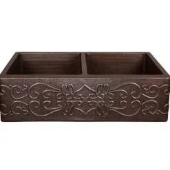Best 33" Hammered Copper Kitchen Apron 50/50 Double Basin Sink with Scroll Design Double Bowl Sinks|Apron Front / Farmhouse Sinks