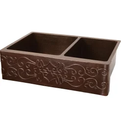 Outlet 33" Hammered Copper Kitchen Apron 60/40 Double Basin Sink with Scroll Design Double Bowl Sinks|Apron Front / Farmhouse Sinks