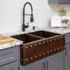 Online 33" Hammered Copper Kitchen Apron 50/50 Double Basin Sink with Barrel Strap Design Double Bowl Sinks|Apron Front / Farmhouse Sinks