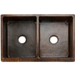 Online 33" Hammered Copper Kitchen Apron 50/50 Double Basin Sink with Barrel Strap Design Double Bowl Sinks|Apron Front / Farmhouse Sinks