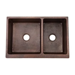 Clearance 33" Hammered Copper Kitchen Apron 60/40 Double Basin Sink Double Bowl Sinks|Apron Front / Farmhouse Sinks