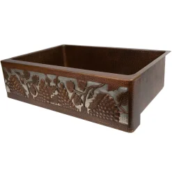 Online 33" Hammered Copper Kitchen Apron Single Basin Sink with Vineyard Design and Apron Front Nickel Background Single Bowl Sinks|Apron Front / Farmhouse Sinks