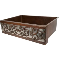 Online 33" Hammered Copper Kitchen Apron Single Basin Sink with Scroll Design and Apron Front Nickel Background Single Bowl Sinks|Apron Front / Farmhouse Sinks
