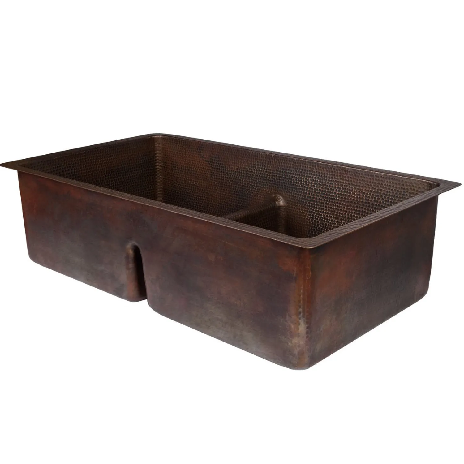Online 33" Hammered Copper Kitchen 50/50 Double Basin Sink with Short 5" Divider Double Bowl Sinks