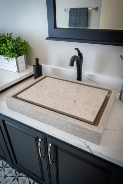 Rectangular Infinity Pool Sink in Polished Penny Grey Marble Above Counter / Vessel Sinks