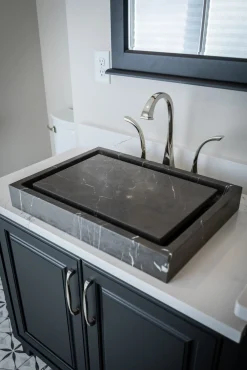 Best Rectangular Infinity Pool Sink in Honed Pietra Grey Marble Above Counter / Vessel Sinks