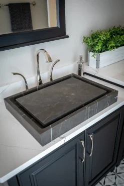 Best Rectangular Infinity Pool Sink in Honed Pietra Grey Marble Above Counter / Vessel Sinks