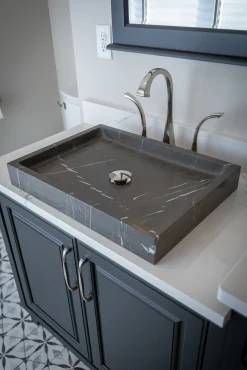 Rectangular Vessel Sink in Honed Pietra Grey Marble Above Counter / Vessel Sinks
