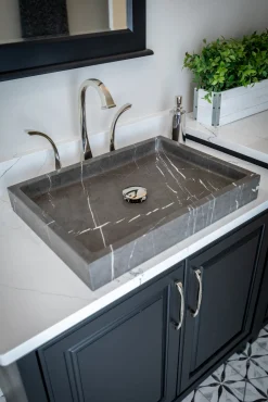 Rectangular Vessel Sink in Honed Pietra Grey Marble Above Counter / Vessel Sinks