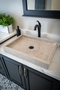 Clearance Rectangular Vessel Sink in Polished Penny Grey Marble Above Counter / Vessel Sinks