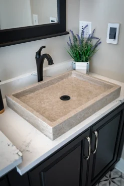 Clearance Rectangular Vessel Sink in Polished Penny Grey Marble Above Counter / Vessel Sinks