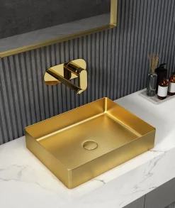 Discount Rectangular 19" x 14 1/2" Stainless Steel Bathroom Vessel Sink with Drain in Gold Stainless Steel Sinks|Above Counter / Vessel Sinks