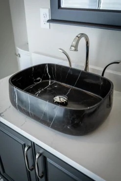 Discount Rounded Rectangular Vessel Sink in Nero Marquino Marble Above Counter / Vessel Sinks