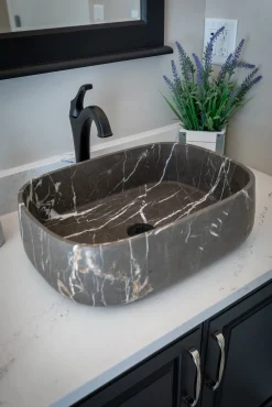 Outlet Rounded Rectangular Vessel Sink in Pietra Grey Marble Above Counter / Vessel Sinks