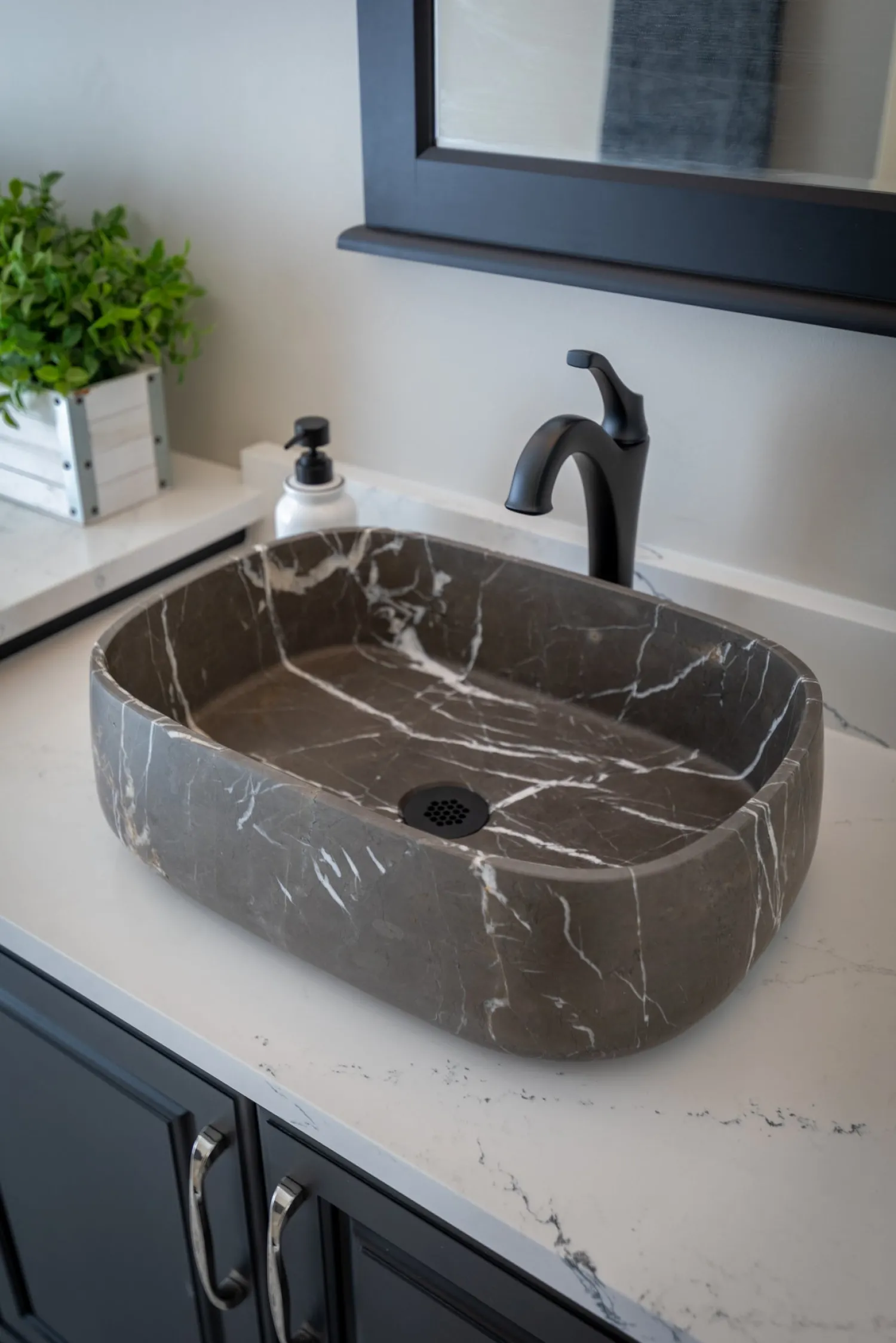 Outlet Rounded Rectangular Vessel Sink in Pietra Grey Marble Above Counter / Vessel Sinks
