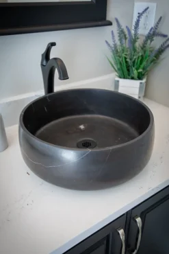 Online Rounded Vessel Sink in Nero Marquino Marble Above Counter / Vessel Sinks