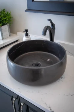 Online Rounded Vessel Sink in Nero Marquino Marble Above Counter / Vessel Sinks
