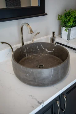 Best Rounded Vessel Sink in Pietra Grey Marble Above Counter / Vessel Sinks