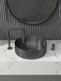 New 15" Round Stainless Steel Bathroom Vessel Sink with Drain in Black Stainless Steel Sinks|Above Counter / Vessel Sinks
