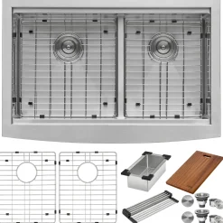 Online 33" Apron-front Workstation Low-Divide Double Bowl 60/40 Farmhouse 16 Gauge Stainless Steel Kitchen Sink Stainless Steel Sinks|Double Bowl Sinks