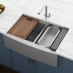 Hot 36" Apron-front Workstation Low-Divide Double Bowl 50/50 Farmhouse 16 Gauge Stainless Steel Kitchen Sink Stainless Steel Sinks|Double Bowl Sinks